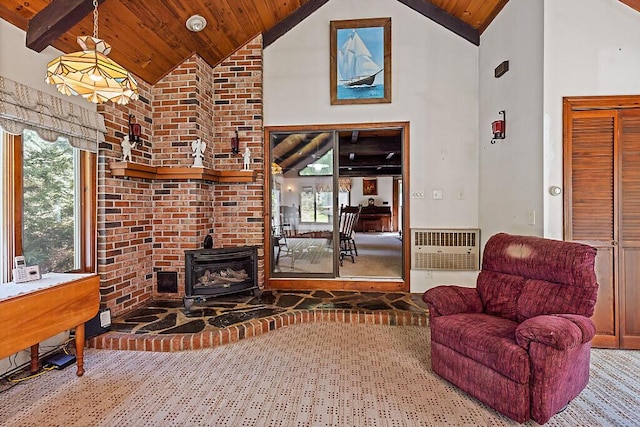 66 Brickett Point Ests, Oakland, ME 04963 - carpeted living area featuring wooden ceiling, high vaulted ceiling, a wood stove, and heating unit