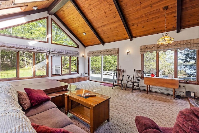 66 Brickett Point Ests, Oakland, ME 04963 - living room with a skylight, high vaulted ceiling, wood ceiling, beamed ceiling, and plenty of natural light