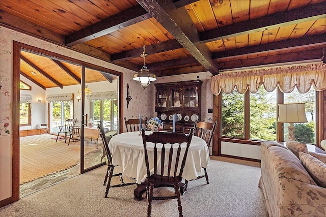 66 Brickett Point Ests, Oakland, ME 04963 - dining area with carpet, wooden ceiling, and baseboards