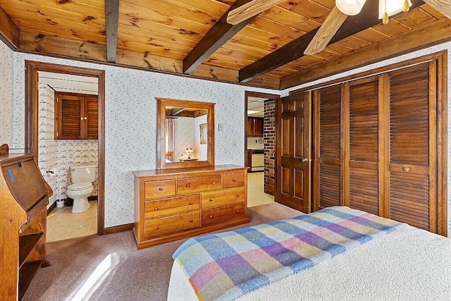 66 Brickett Point Ests, Oakland, ME 04963 - bedroom featuring wooden ceiling, wallpapered walls, beamed ceiling, carpet, and a closet