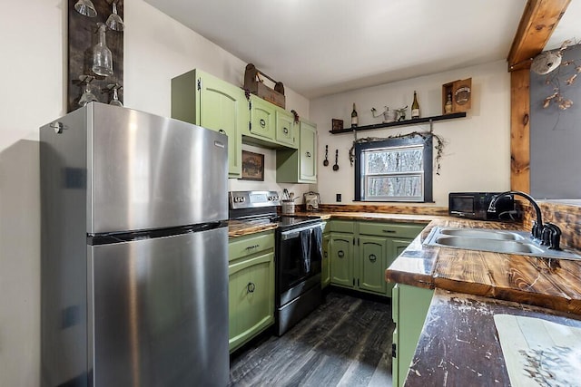 194 Birch Ln, Unity, ME 04988 - kitchen featuring green cabinets, stainless steel appliances, a sink, dark wood-type flooring, and open shelves