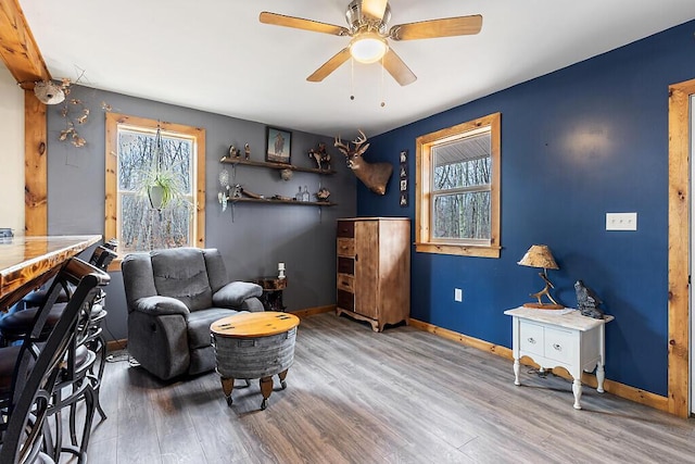 194 Birch Ln, Unity, ME 04988 - living area featuring plenty of natural light, wood finished floors, a ceiling fan, and baseboards