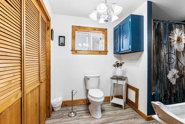 194 Birch Ln, Unity, ME 04988 - bathroom featuring a closet, a chandelier, wood finished floors, and toilet