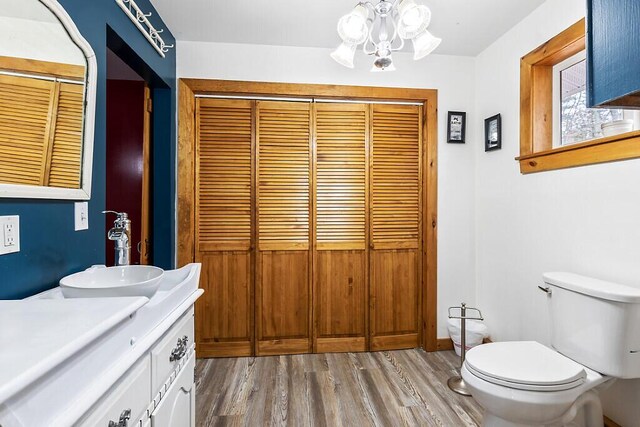 194 Birch Ln, Unity, ME 04988 - bathroom with a closet, wood finished floors, a chandelier, and toilet