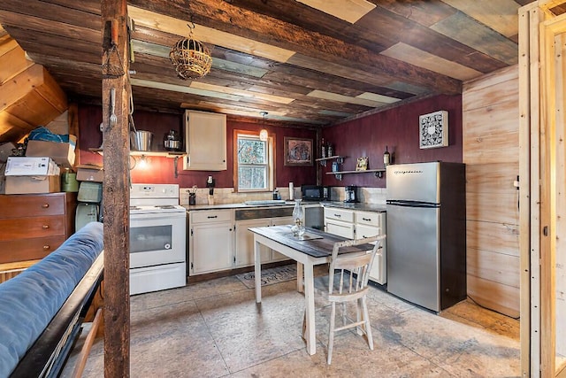 194 Birch Ln, Unity, ME 04988 - kitchen with freestanding refrigerator, open shelves, white range with electric stovetop, black microwave, and wood ceiling