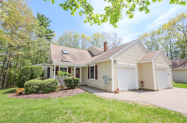 28 Winchester Ct Unit 36, Kennebunk, ME 04043 - cape cod house featuring a chimney, an attached garage, a porch, a front yard, and roof with shingles