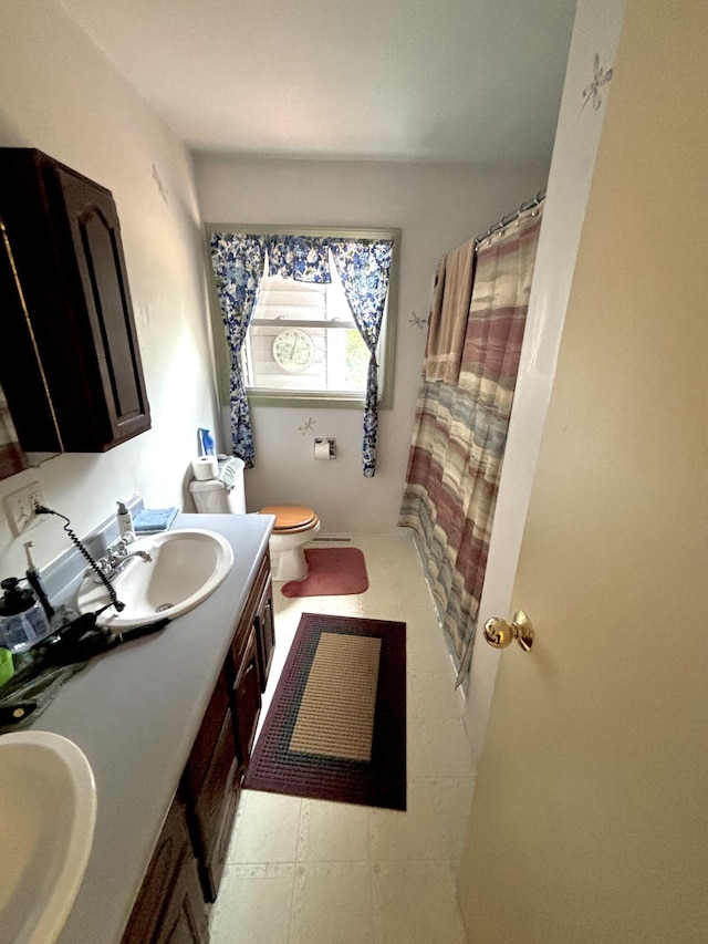 3 Rush Blvd, Millinocket, ME 04462 - bathroom with toilet, double vanity, and a shower with curtain