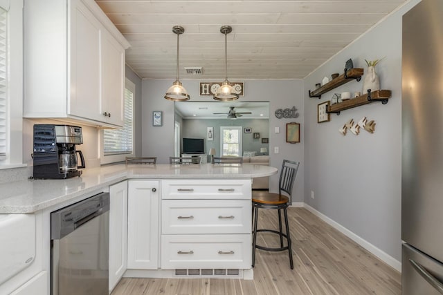 kitchen featuring appliances with stainless steel finishes, a peninsula, light wood-style floors, ceiling fan, and wooden ceiling