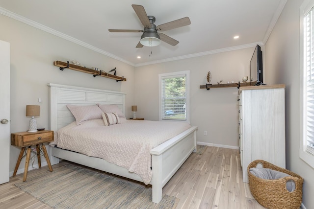 bedroom with light wood-style flooring, ornamental molding, recessed lighting, baseboards, and a ceiling fan
