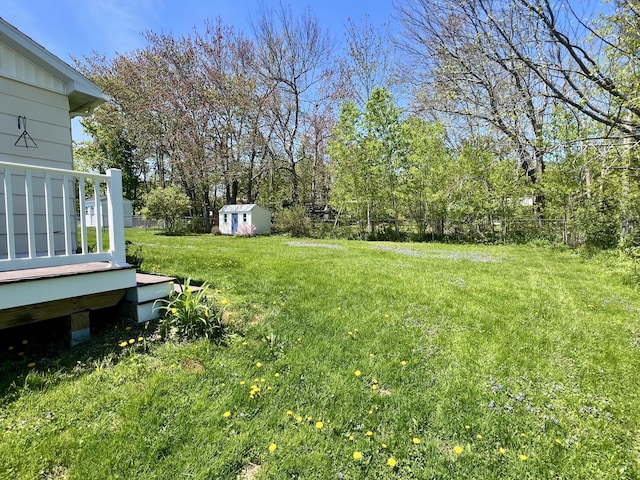 view of yard with a shed, an outbuilding, and a wooden deck