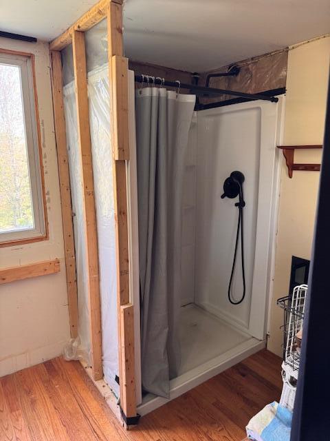 bathroom featuring wood finished floors, curtained shower, and plenty of natural light