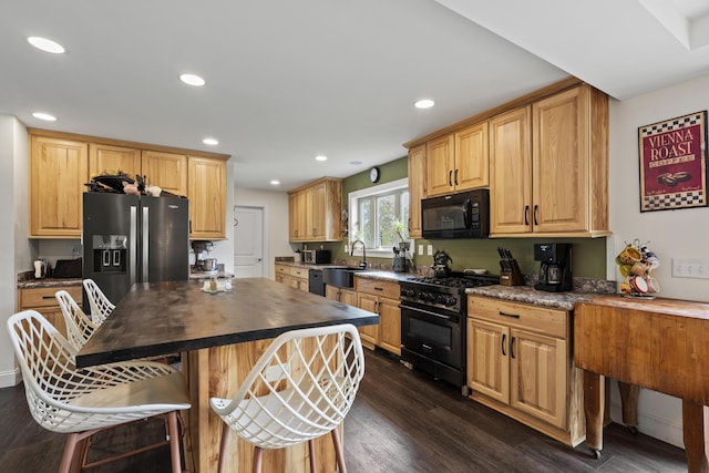 70 Lions Ridge Dr, Alna, ME 04535 - kitchen featuring black appliances, a sink, dark wood-style flooring, butcher block countertops, and recessed lighting