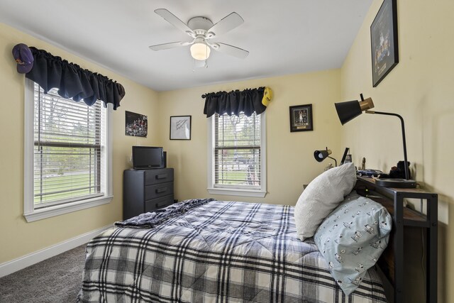 70 Lions Ridge Dr, Alna, ME 04535 - bedroom featuring carpet flooring, baseboards, and a ceiling fan