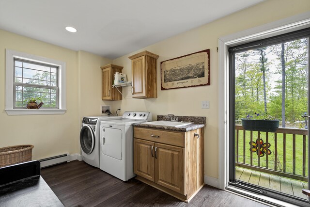 70 Lions Ridge Dr, Alna, ME 04535 - laundry area with a baseboard heating unit, separate washer and dryer, cabinet space, plenty of natural light, and recessed lighting