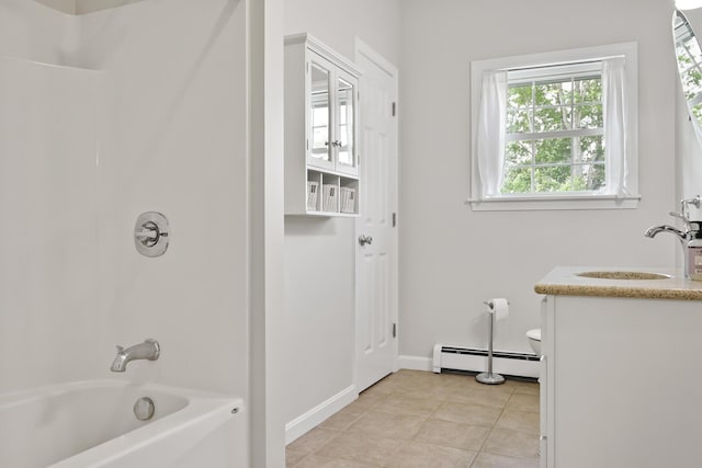 585 Charleston Rd, Charleston, ME 04422 - bathroom with a baseboard radiator, vanity, shower / tub combination, and tile patterned flooring