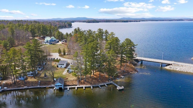 bird's eye view of a water and mountain view and a notable bridge