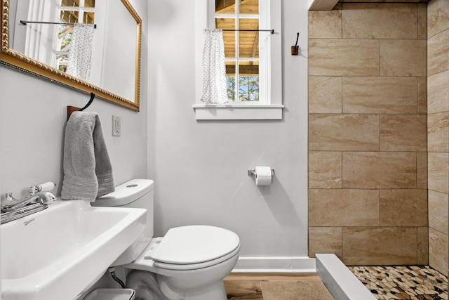832 Main Rd, Islesboro, ME 04848 - full bathroom featuring toilet, a tile shower, a sink, and baseboards