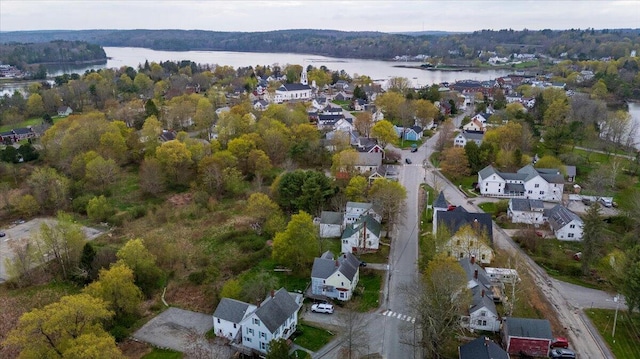 41 Church St, Damariscotta, ME 04543 - aerial overview of property's location featuring a nearby body of water, nearby suburban area, and a heavily wooded area