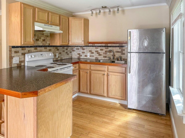 41 Church St, Damariscotta, ME 04543 - kitchen with freestanding refrigerator, under cabinet range hood, a sink, white range with electric cooktop, and crown molding