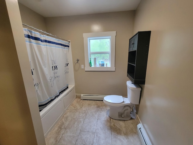 bathroom featuring baseboard heating, toilet, shower / bath combo with shower curtain, baseboards, and a baseboard radiator