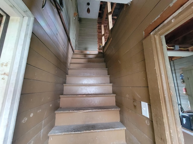 stairs with wood walls