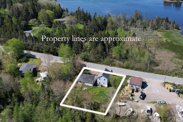 26 Flat Iron Rd, Tremont, ME 04653 - view from above of property with property boundaries highlighted and a nearby body of water