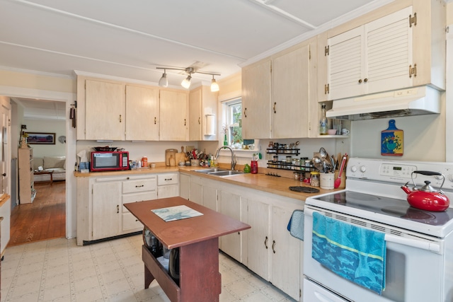 4 Otis St, Rockland, ME 04841 - kitchen with white range with electric cooktop, a sink, under cabinet range hood, light countertops, and crown molding