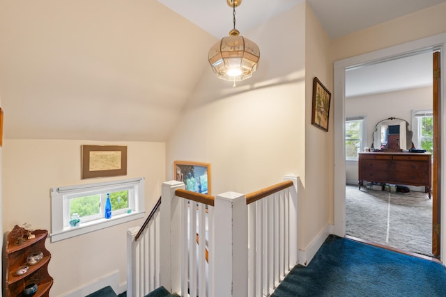 4 Otis St, Rockland, ME 04841 - stairway featuring carpet floors, plenty of natural light, and lofted ceiling