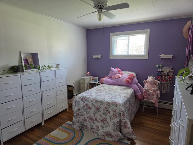 36 Lorraine Ave, Brewer, ME 04412 - bedroom with dark wood-style flooring, a ceiling fan, ornamental molding, and a baseboard radiator