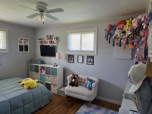 36 Lorraine Ave, Brewer, ME 04412 - bedroom with wood finished floors, ornamental molding, ceiling fan, and baseboards