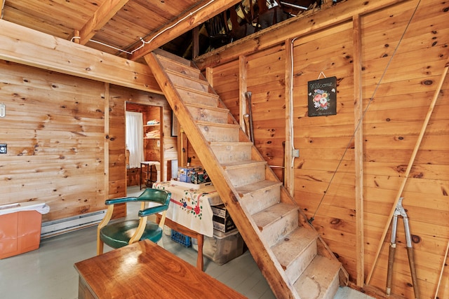 20 Lily Bay Ln, Parsonsfield, ME 04047 - stairs featuring wood walls, baseboard heating, and wood ceiling