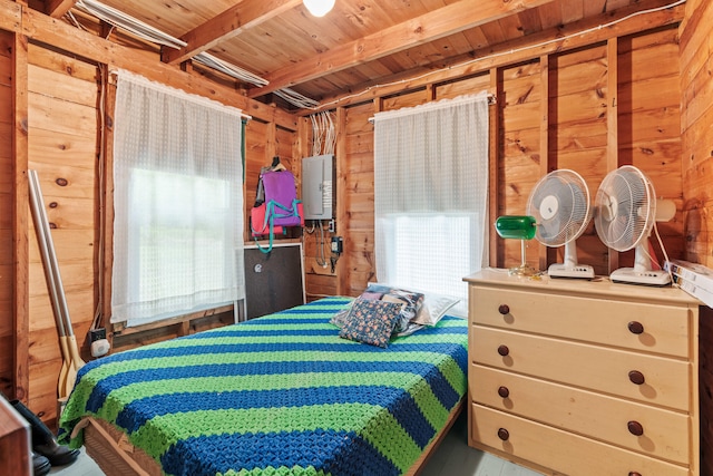 20 Lily Bay Ln, Parsonsfield, ME 04047 - bedroom featuring wood walls, electric panel, and wood ceiling