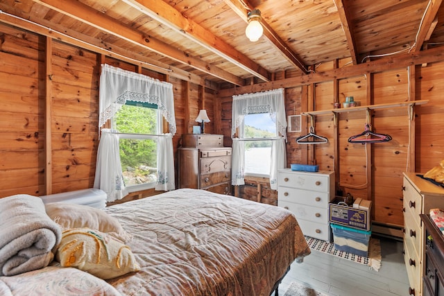 20 Lily Bay Ln, Parsonsfield, ME 04047 - bedroom with multiple windows, beamed ceiling, hardwood / wood-style flooring, wood ceiling, and a baseboard heating unit