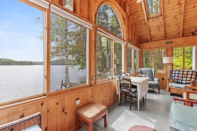 20 Lily Bay Ln, Parsonsfield, ME 04047 - sunroom / solarium with wooden walls, a water view, healthy amount of natural light, wood ceiling, and a skylight