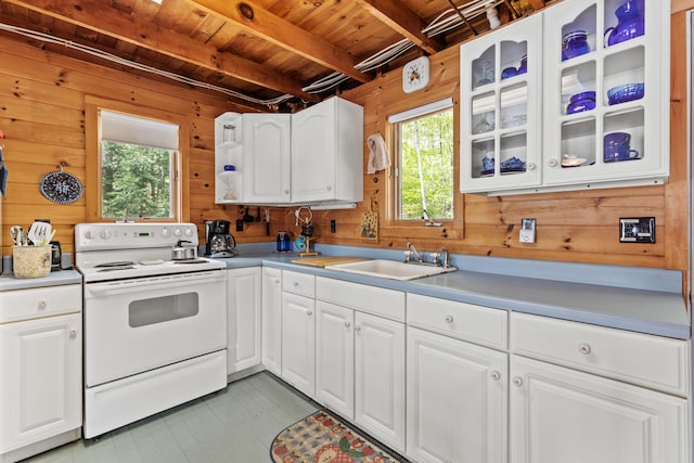 20 Lily Bay Ln, Parsonsfield, ME 04047 - kitchen with white electric range oven, a sink, wood ceiling, beamed ceiling, and wood walls