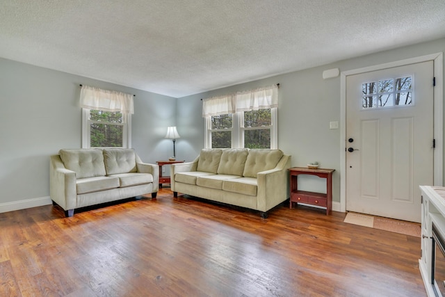 living area with plenty of natural light, wood finished floors, a textured ceiling, and baseboards