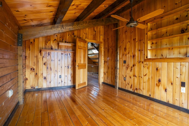 526 Range Rd, Dover-Foxcroft, ME 04426 - spare room featuring wood walls, hardwood / wood-style flooring, wood ceiling, and ceiling fan