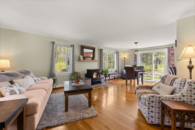 8 Silver Ridge Dr, York, ME 03909 - living room with a wood stove, plenty of natural light, and wood finished floors