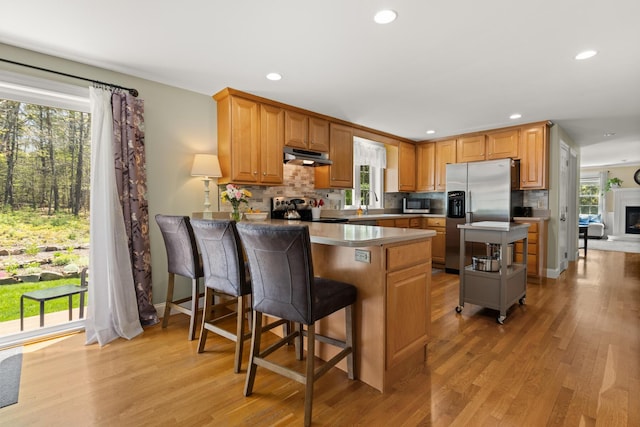 8 Silver Ridge Dr, York, ME 03909 - kitchen featuring stainless steel appliances, under cabinet range hood, tasteful backsplash, light wood finished floors, and recessed lighting