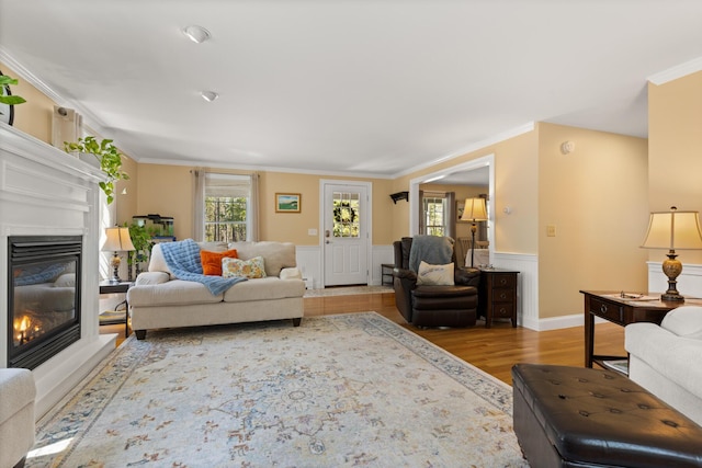 8 Silver Ridge Dr, York, ME 03909 - living room with wood finished floors, a glass covered fireplace, wainscoting, and crown molding