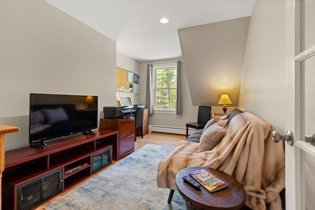 8 Silver Ridge Dr, York, ME 03909 - living room with baseboard heating, light wood-style floors, an office area, and recessed lighting