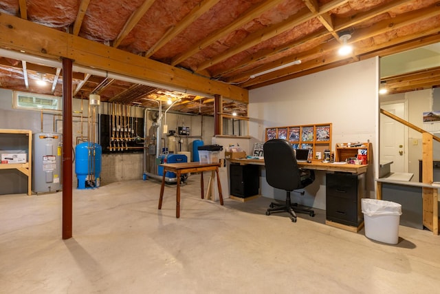 8 Silver Ridge Dr, York, ME 03909 - unfinished basement featuring electric water heater, a water pressure tank, and an office area