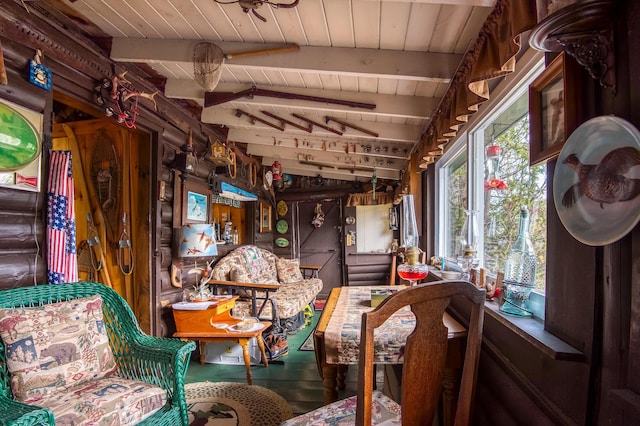 120 S Shore Dr, Rangeley Plt, ME 04970 - living area with wood ceiling with exposed beams