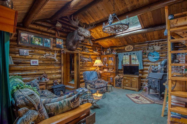 120 S Shore Dr, Rangeley Plt, ME 04970 - carpeted living area featuring a wood stove, log walls, and wooden ceiling