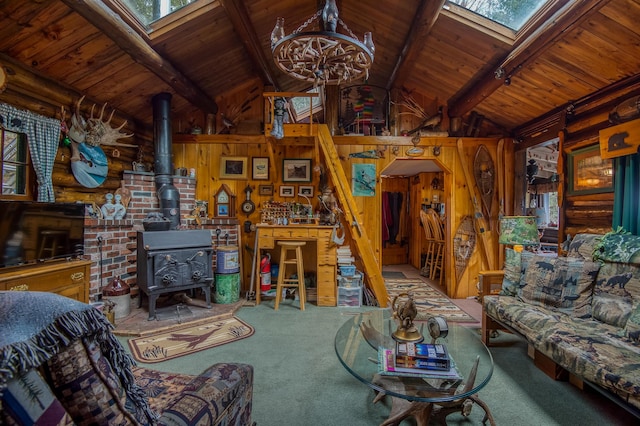 120 S Shore Dr, Rangeley Plt, ME 04970 - carpeted living room featuring a skylight, wooden ceiling, a wood stove, and wooden walls