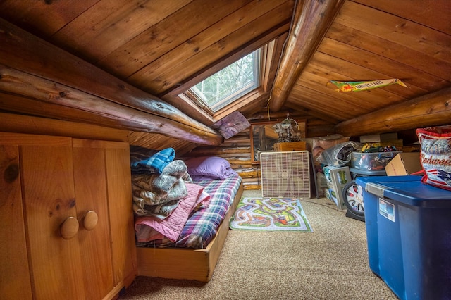 120 S Shore Dr, Rangeley Plt, ME 04970 - carpeted bedroom featuring log walls, a skylight, and wood ceiling