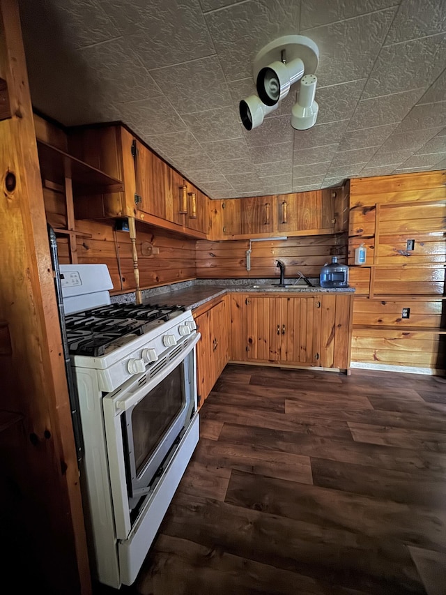 7 Thomas Rd, Sangerville, ME 04479 - kitchen with white range with gas cooktop, an ornate ceiling, dark wood-style flooring, wooden walls, and a sink