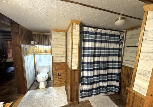 7 Thomas Rd, Sangerville, ME 04479 - full bathroom featuring wood walls, toilet, a shower with shower curtain, and wood finished floors