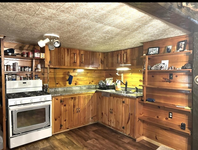 7 Thomas Rd, Sangerville, ME 04479 - kitchen with range with gas cooktop, dark wood-style floors, open shelves, a sink, and wood walls