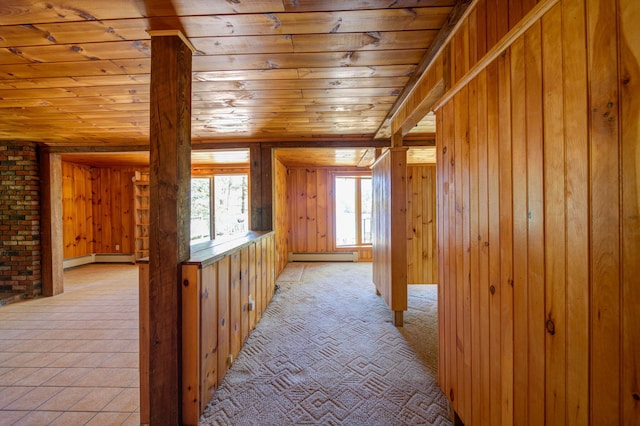 19 Pulpit Rock Rd, Raymond, ME 04071 - corridor featuring wood ceiling, baseboard heating, and wood walls